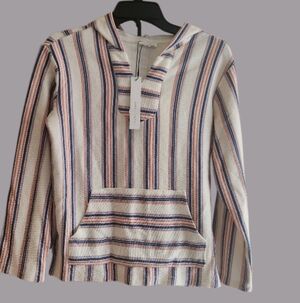 NWT Striped Hooded Baja Pullover - Cream, Blue & Pink Stripes Kangaroo Pocket
